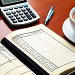 **Detailed Investment Log:** A meticulously kept investment journal lying open on a desk. The journal features handwritten notes, financial charts, and highlighted key performance indicators (KPIs). A calculator, pen, and a cup of Turkish coffee are placed beside it, suggesting careful analysis and reflection. The scene should convey diligence and strategic thinking.