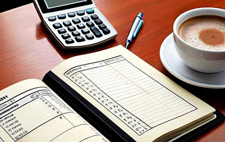 **Detailed Investment Log:** A meticulously kept investment journal lying open on a desk. The journal features handwritten notes, financial charts, and highlighted key performance indicators (KPIs). A calculator, pen, and a cup of Turkish coffee are placed beside it, suggesting careful analysis and reflection. The scene should convey diligence and strategic thinking.